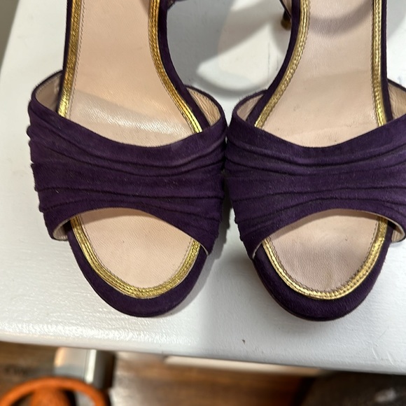 Prada Dark Purple Suede Ankle Strap Sandals with Gold Trim - Picture 2 of 6